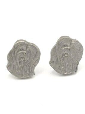 Rawcliffe Lhasa Apso Pewter Dog Head Earrings 1983 Vintage Puppy Animal
